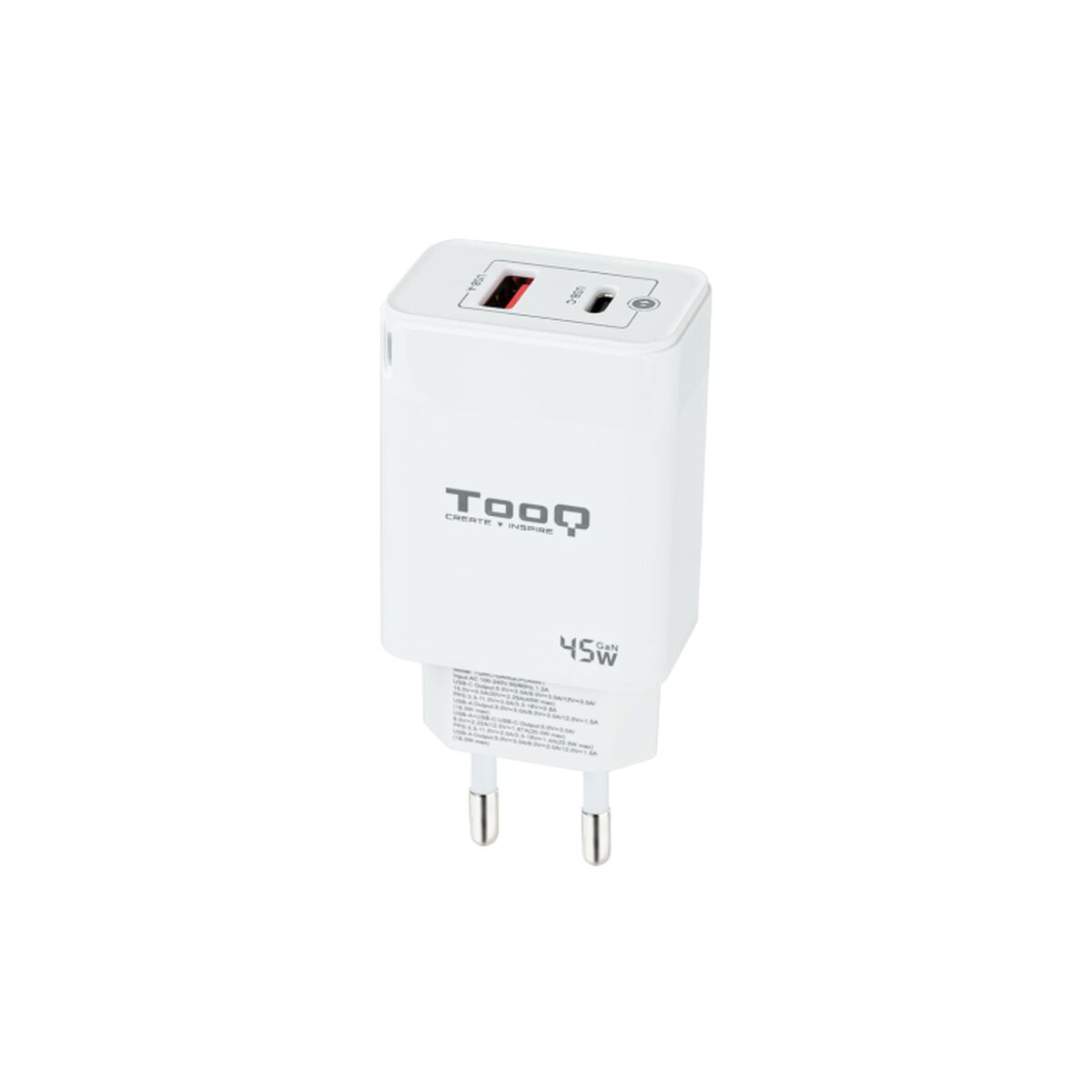 Wall Charger TooQ Cargador de Pared GaN USB-C/PD + USB-A/QC 45W, Blanco White 45 W Wall Charger TooQ Cargador de Pared GaN USB-C/PD + USB-A/QC 45W, Blanco White 45 W