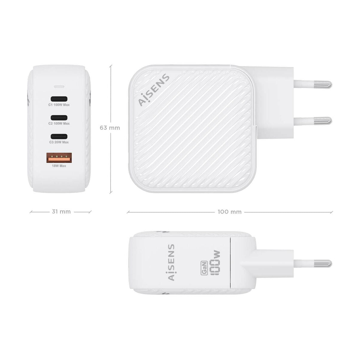 Wall Charger Aisens ASCH-100W4P028-W White 100 W (1 Unit) Wall Charger Aisens ASCH-100W4P028-W White 100 W (1 Unit)