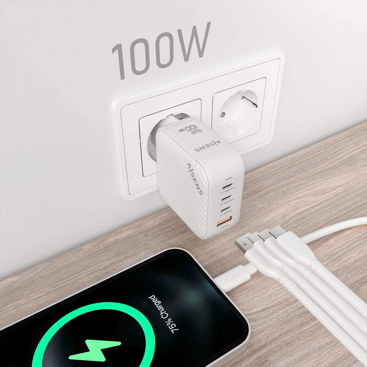 Wall Charger Aisens ASCH-100W4P028-W White 100 W (1 Unit) Wall Charger Aisens ASCH-100W4P028-W White 100 W (1 Unit)