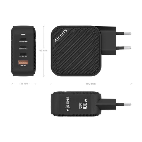 Wall Charger Aisens ASCH-100W4P029-BK 100 W Black (1 Unit) Wall Charger Aisens ASCH-100W4P029-BK 100 W Black (1 Unit)