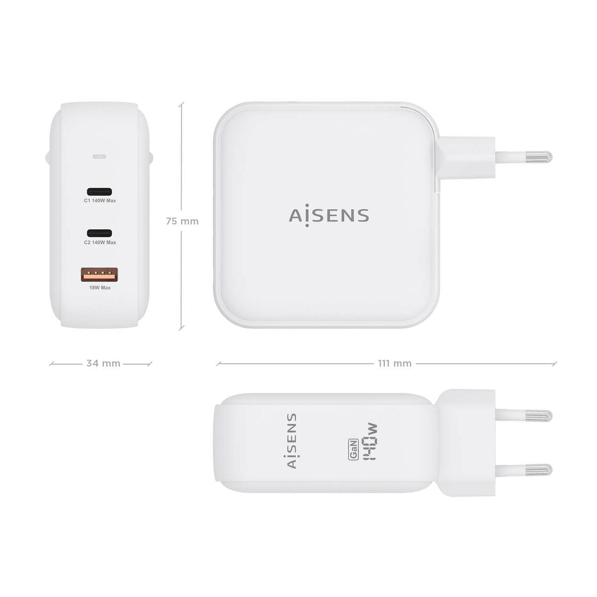 Wall Charger Aisens ASCH-140W3P030-W White 140 W (1 Unit) Wall Charger Aisens ASCH-140W3P030-W White 140 W (1 Unit)
