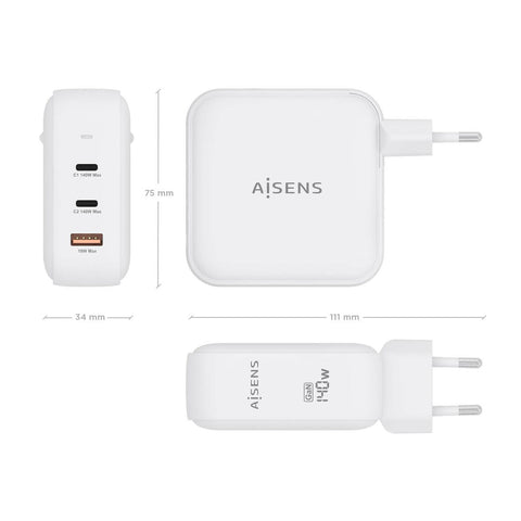 Wall Charger Aisens ASCH-140W3P030-W White 140 W (1 Unit) Wall Charger Aisens ASCH-140W3P030-W White 140 W (1 Unit)