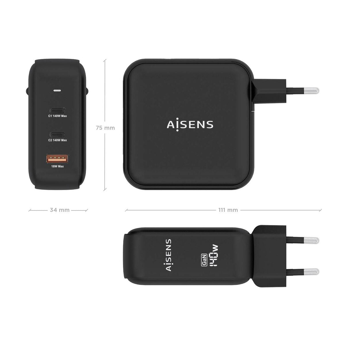 Wall Charger Aisens ASCH-140W3P031-BK 140 W Black (1 Unit) Wall Charger Aisens ASCH-140W3P031-BK 140 W Black (1 Unit)