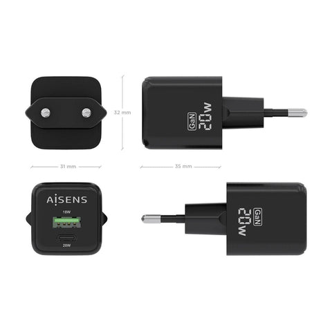 Wall Charger Aisens ASCH-20W2P011-BK 20 W Black (1 Unit) Wall Charger Aisens ASCH-20W2P011-BK 20 W Black (1 Unit)