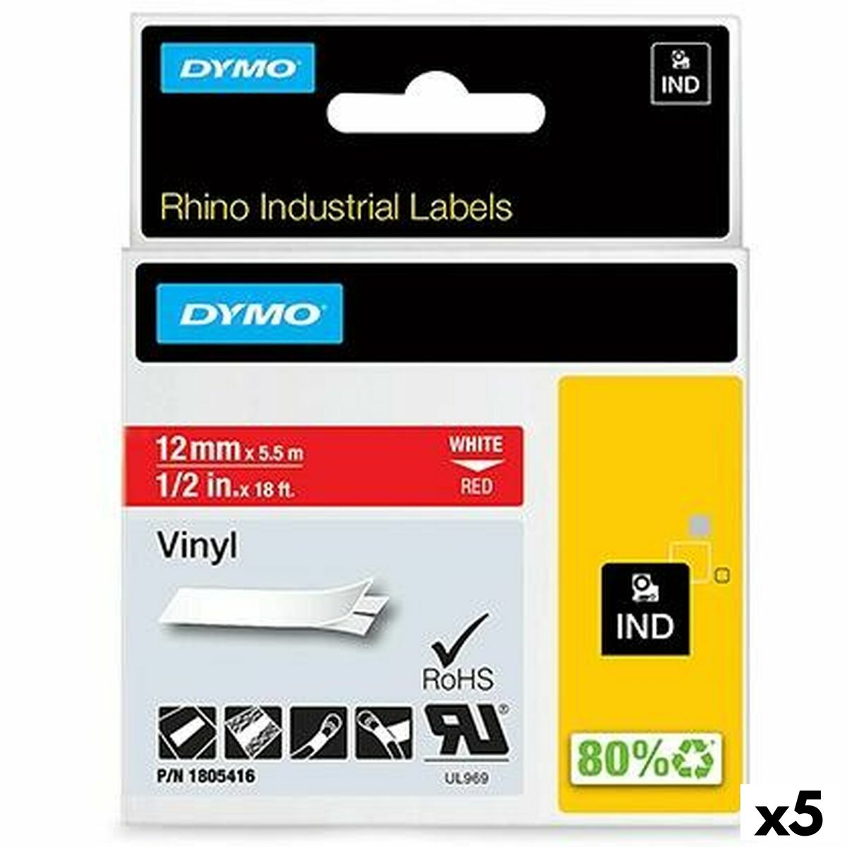 Laminated Tape for Labelling Machines Rhino Dymo ID1-12 12 x 5,5 mm Red White Stick Self-adhesives (5 Units) Laminated Tape for Labelling Machines Rhino Dymo ID1-12 12 x 5,5 mm Red White Stick Self-adhesives (5 Units)