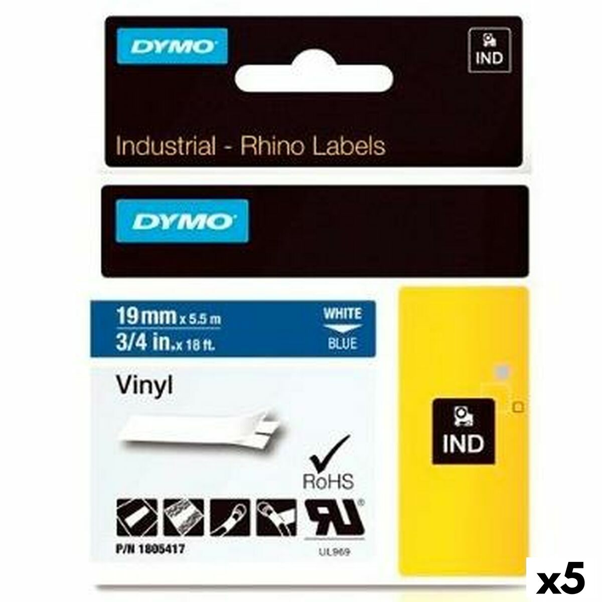 Laminated Tape for Labelling Machines Dymo Rhino 19 mm x 5,5 m Blue White Stick (5 Units) Laminated Tape for Labelling Machines Dymo Rhino 19 mm x 5,5 m Blue White Stick (5 Units)