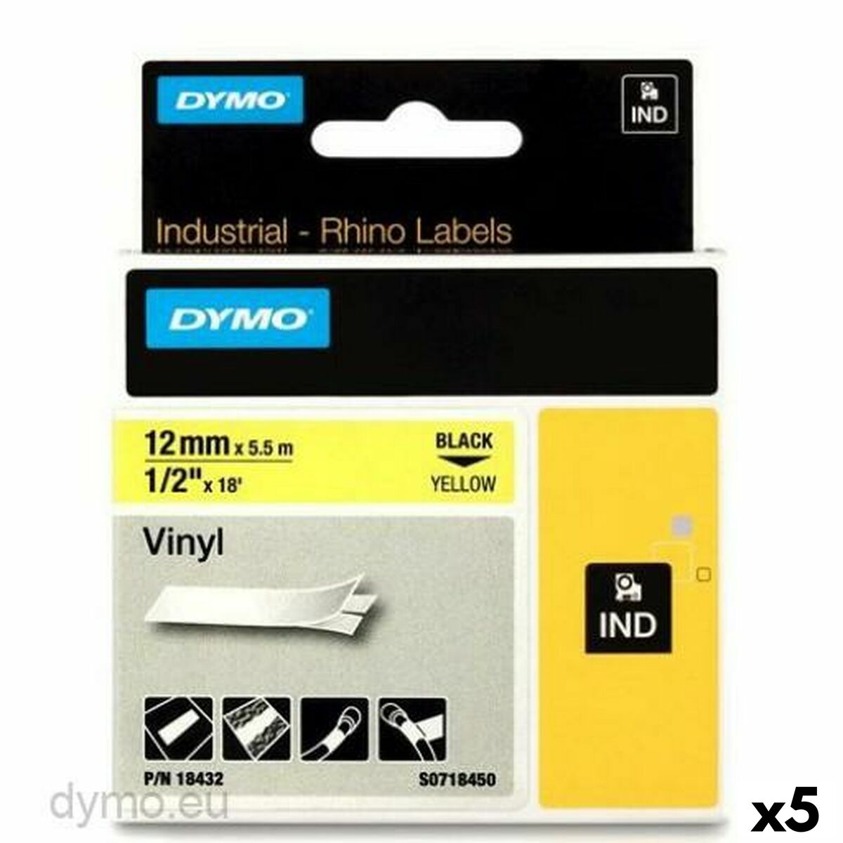 Laminated Tape for Labelling Machines Rhino Dymo ID1-12 12 x 5,5 mm Black Yellow Stick Self-adhesives (5 Units) Laminated Tape for Labelling Machines Rhino Dymo ID1-12 12 x 5,5 mm Black Yellow Stick Self-adhesives (5 Units)