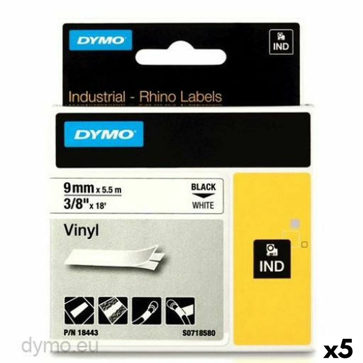 Laminated Tape for Labelling Machines Rhino Dymo ID1-9 White Black 9 x 5,5 mm Stick (5 Units) Laminated Tape for Labelling Machines Rhino Dymo ID1-9 White Black 9 x 5,5 mm Stick (5 Units)