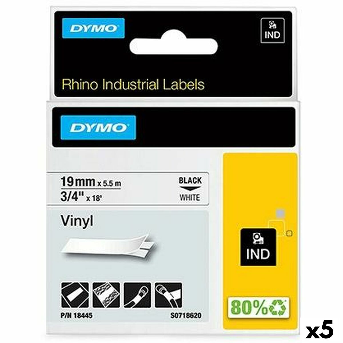 Laminated Tape for Labelling Machines Rhino Dymo ID1-19 19 x 5,5 mm Black White Stick Self-adhesives (5 Units) Laminated Tape for Labelling Machines Rhino Dymo ID1-19 19 x 5,5 mm Black White Stick Self-adhesives (5 Units)
