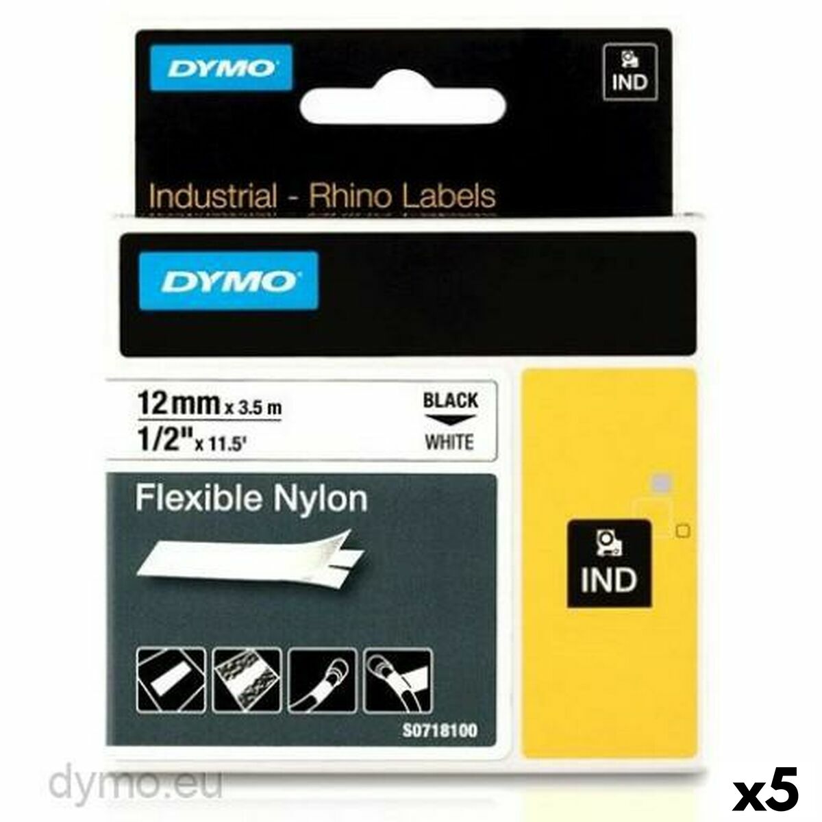 Laminated Tape for Labelling Machines Rhino Dymo ID1-12 12 x 3,5 mm Black White Self-adhesives (5 Units) Laminated Tape for Labelling Machines Rhino Dymo ID1-12 12 x 3,5 mm Black White Self-adhesives (5 Units)