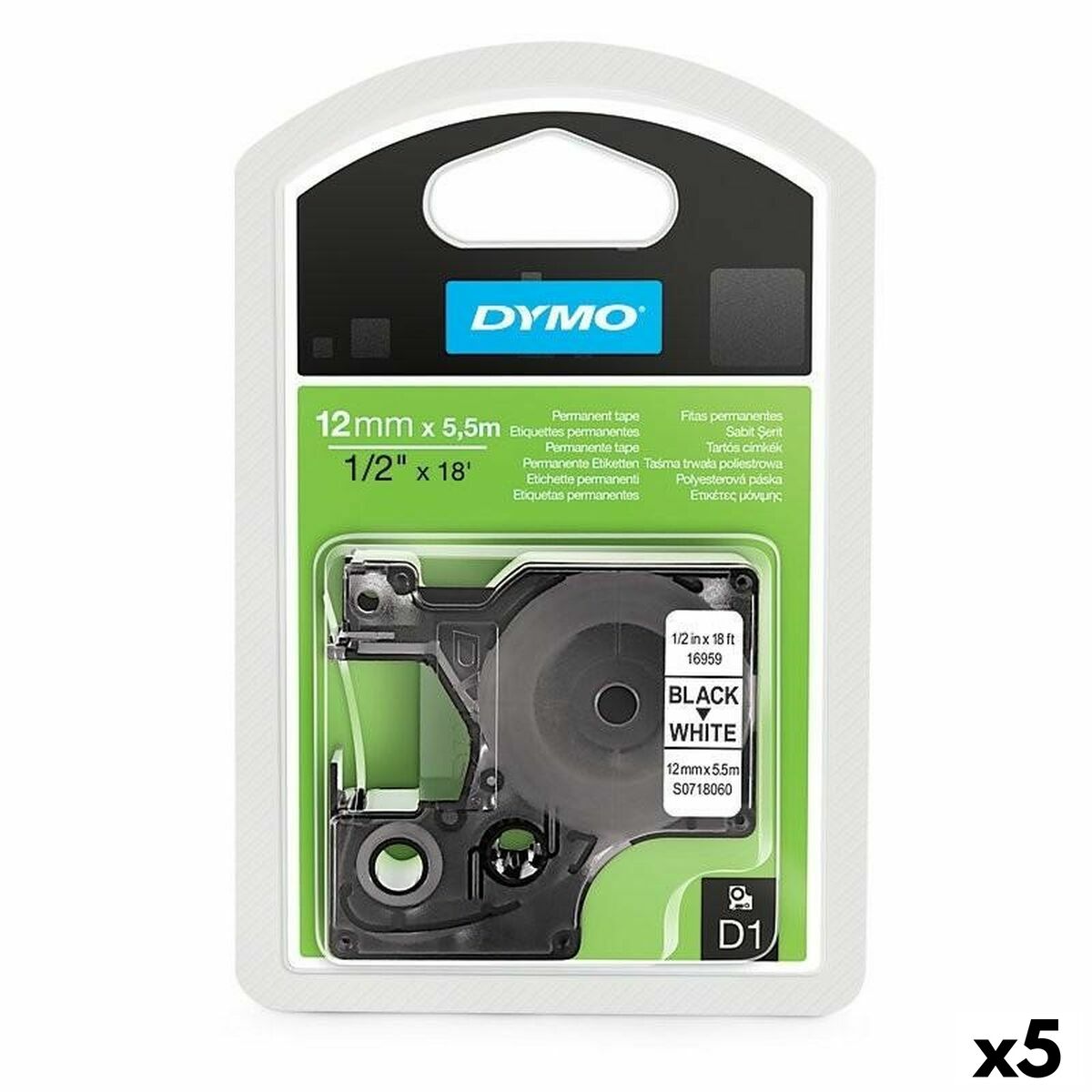 Laminated Tape for Labelling Machines Dymo D1 16959 12 mm x 5,5 m Black Polyester White (5 Units) Laminated Tape for Labelling Machines Dymo D1 16959 12 mm x 5,5 m Black Polyester White (5 Units)
