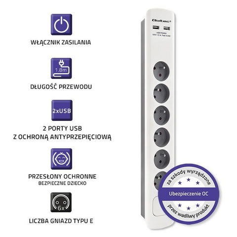 Power Socket - 6 Sockets with Switch Qoltec 50294 (1,8 m)