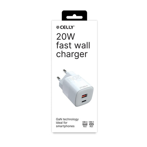Wall Charger Celly TC2USBUSBC20EVO White 20 W