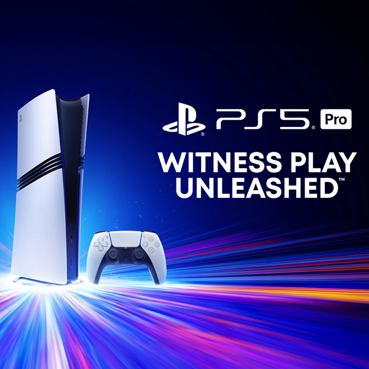 PlayStation 5 Pro console with controller on a dark blue background with colorful light effects